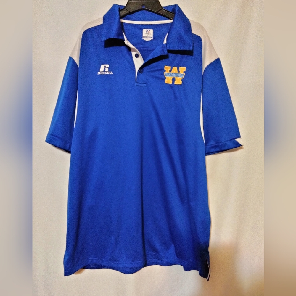 Russel with Warriors logo mens active blue polo shirt sz LGG